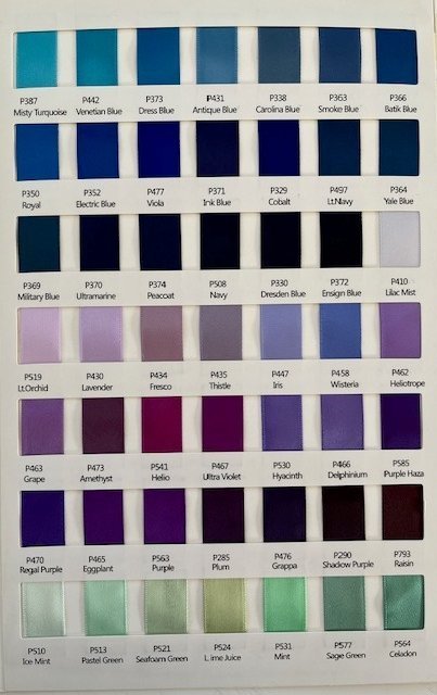 Satino juostelių spalvų paletė mėlyni violetiniai atspalviai